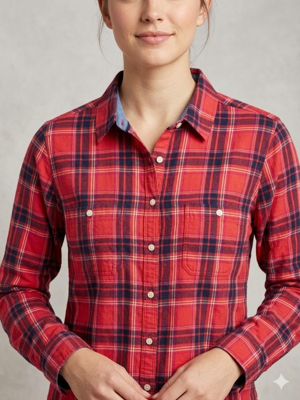 St. John's Bay Red Plaid Button-Down Shirt with Navy Accents Woman's Size PL
